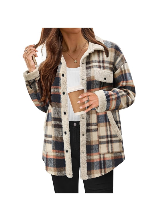 Women Oversized Plaid Shacket, Sherpa Fleece Lined Button Down Shirt Jacket, Fall Winter Long Sleeve Lapel Coat with Pockets for Casual Weekend Outfits M