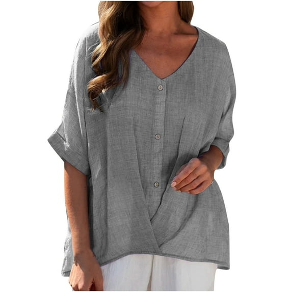 DDAPJ pyju Women Roll-Up 3/4 Sleeve Blouses,Button Down Cotton Linen Shirts V Neck Casual Tunic Tops Lightweight Gauze Shirt Loose Comfy Longshirt Plus Size S - 5XL