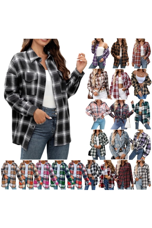Women Shacket Jacket Long Sleeve Button Down Casual Plaid Flannel Shirts Loose Fall Spring Blouses Tops