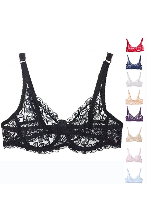 Women Sheer Lace Bra Triangle See Through V Neck Underwire Bralette Plunge Everyday Bras Beige 38