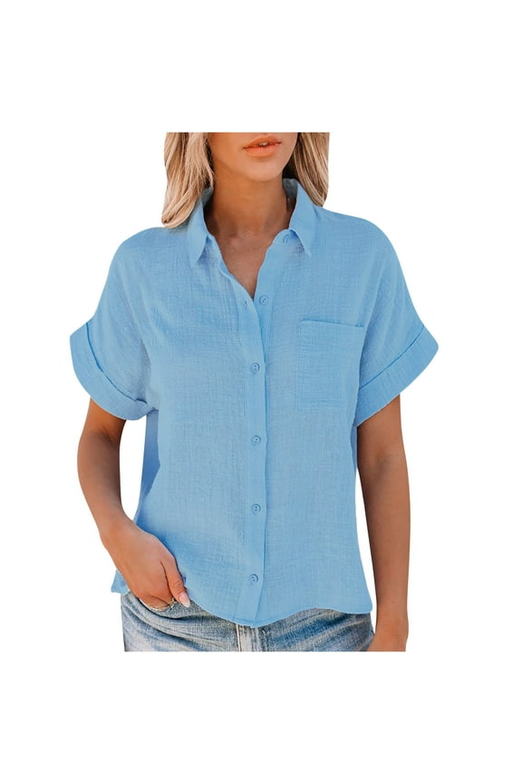 Women Short Sleeve Cotton Linen Blouses,Button Down Business Shirt Dressy Casual Blouse Lightweight Gauze Tops Solid Basic Longshirt