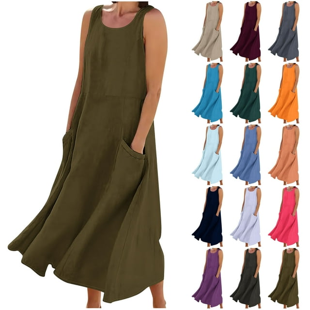 DDAPJ pyju Women Sleeveless Maxi Sundress Solid Casual Linen Dress Loose Comfy Summer Dresses with Pockets Prime Sale Navy M