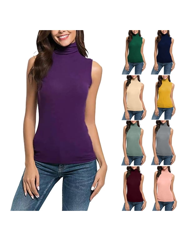 Women Sleeveless Mock Turtleneck Tank Tops Slim Fit Stretchy Layer Tee Shirts Lightweight Undershirt Purple XL