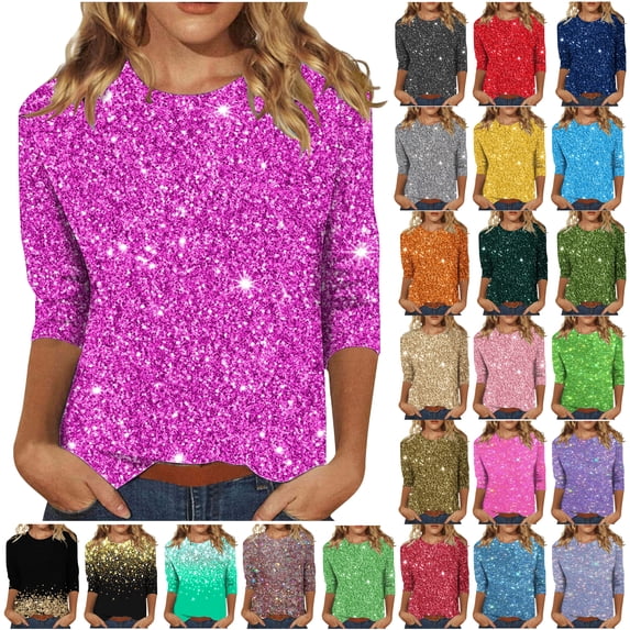 DDAPJ pyju Women Sparkly Graphic Print Tops Trendy Casual 3/4 Sleeve Tee Shirt Loose Fit Mid-length Crewneck Tshirt Silver M