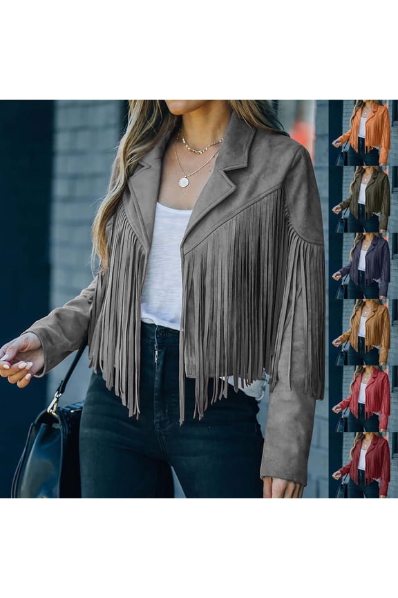 Women Suede Fringe Jacket Western Tassel Cropped Jacket Biker Motorcycle Faux Leather Jacket Clearance Sales Today Coffee XXL