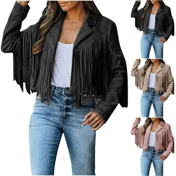 DDAPJ pyju Women Suede Fringe Jacket Western Tassel Cropped Jacket Biker Motorcycle Faux Leather Jacket Black S