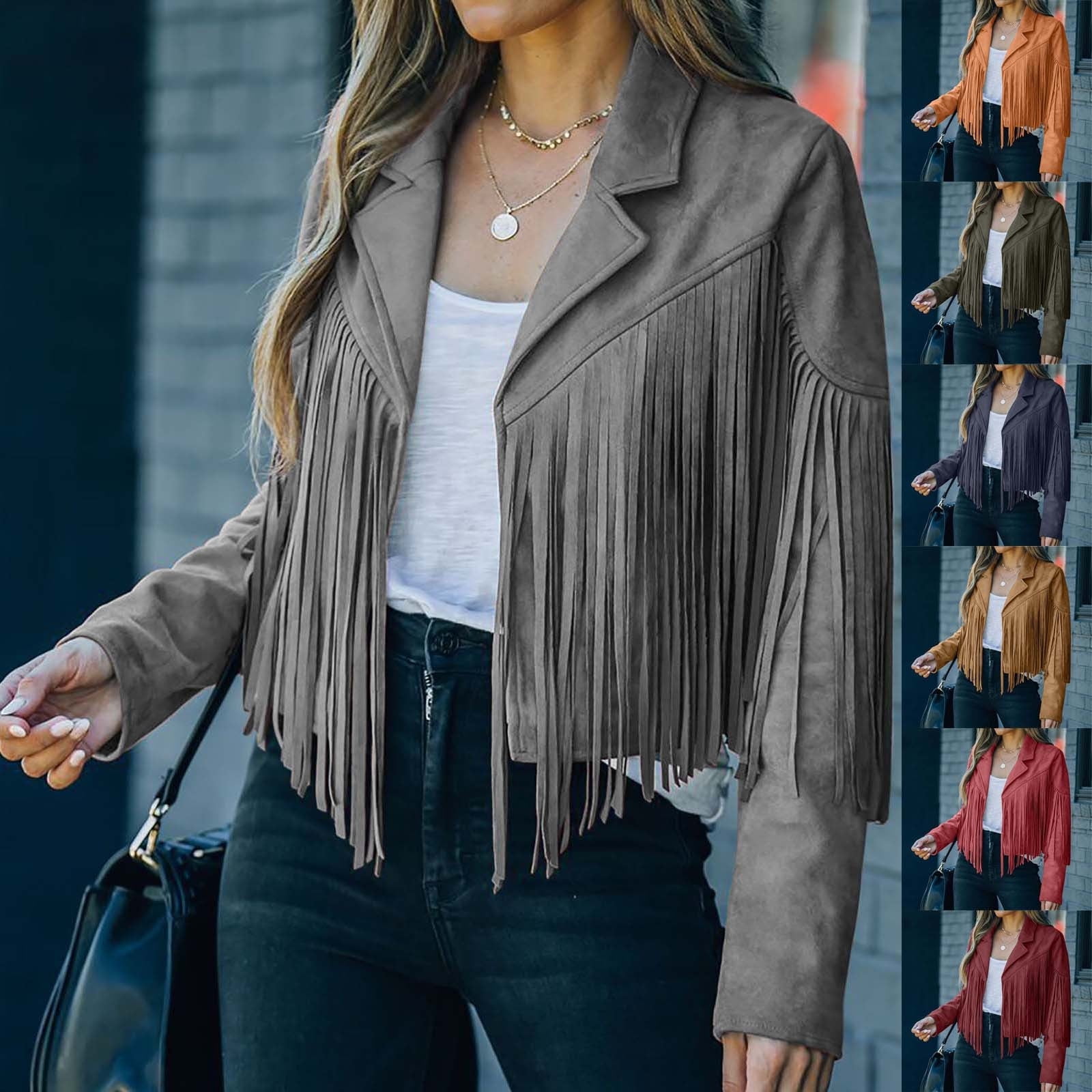 DDAPJ pyju Women Suede Fringe Jacket Western Tassel Cropped
