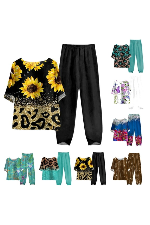 Women Trendy Outfits for Women 2025,Leopard Print Lounge 2 Piece Set Short Sleeve Drape Tops and Wide Leg Pants Matching Tracksuits