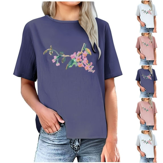 DDAPJ pyju Women Vintage Floral Embroidered Top Casual Summer Short Sleeve Linen T Shirt Lightweight Going Out Blouse Limited Time Sales White XL
