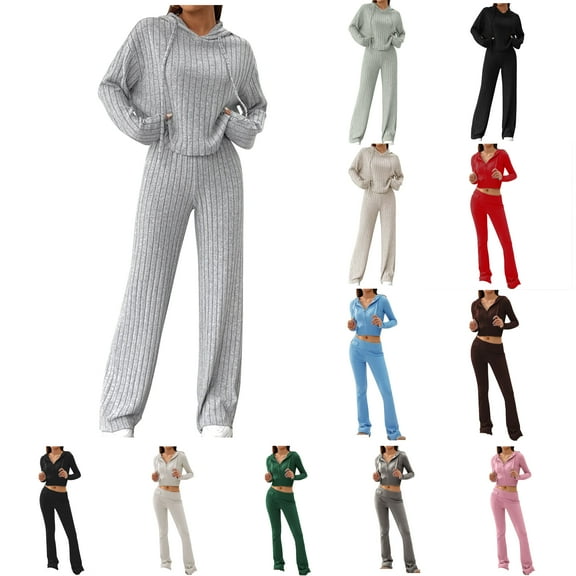 DDAPJ pyju Women Y2K Outfits 2 Piece Knit Lounge Set Long Sleeve Drawstring Cropped Hoodie High Waist Straight Leg Pants Casual Sweatsuit Set Black L