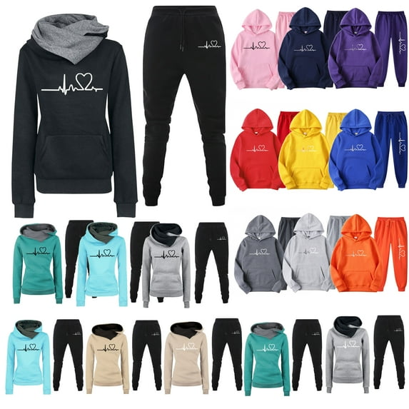 DDAPJ pyju Women's 2 Piece Hoodie Tracksuit Clearance Sales, Heart Print Cute Matching Set Slim Fit Hooded Sweatshirt and Drawstring Sweatpants Sweatsuit Sets Trendy Outfits 2024