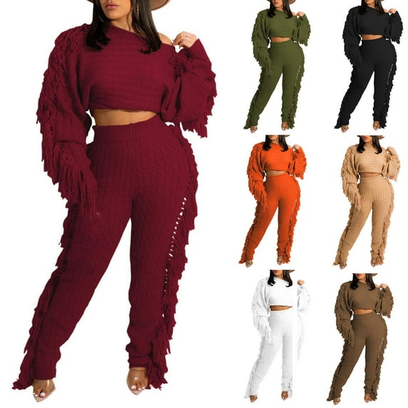 DDAPJ pyju Women's 2 Piece Outfits Casual Sweater Sets Cropped Knit Tops and High Waisted Pants Matching Set Tassels Y2K Tracksuits White XL