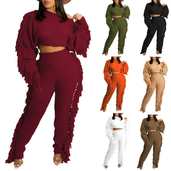 DDAPJ pyju Women's 2 Piece Outfits Casual Sweater Sets Cropped Knit Tops and High Waisted Pants Matching Set Tassels Y2K Tracksuits Prime Sales Today Beige L