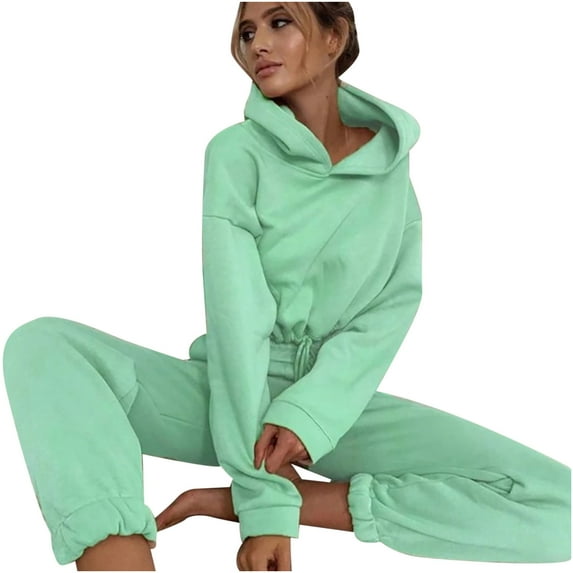 DDAPJ pyju Women's 2 Piece Tracksuit 2024 Fall Trendy Outfits,Drawstring Long Sleeve Cropped Hooded Sweatshirt and Elastic Sweatpants Matching Set Solid Color Lounge Sets with Pockets