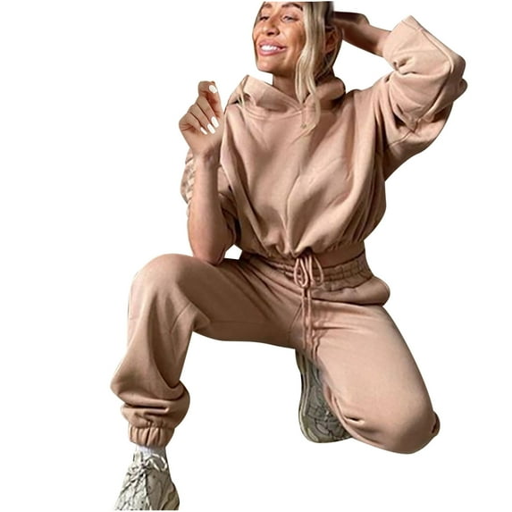 DDAPJ pyju Women's 2 Piece Tracksuit 2025 Fall Trendy Outfits,Drawstring Long Sleeve Cropped Hooded Sweatshirt and Elastic Sweatpants Matching Set Solid Color Lounge Sets with Pockets