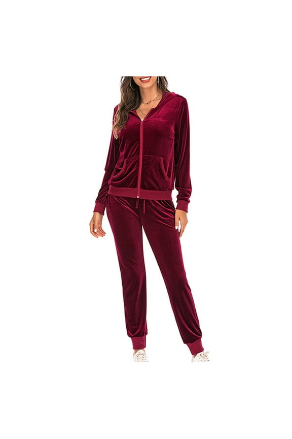 Women's 2 Piece Velour Tracksuit Set,Long Sleeve Zip Up Hoodie Jacket High Waist Pants Matching Tracksuit Solid Color Lounge Sets Fall Winter Lightweight Sweatsuit