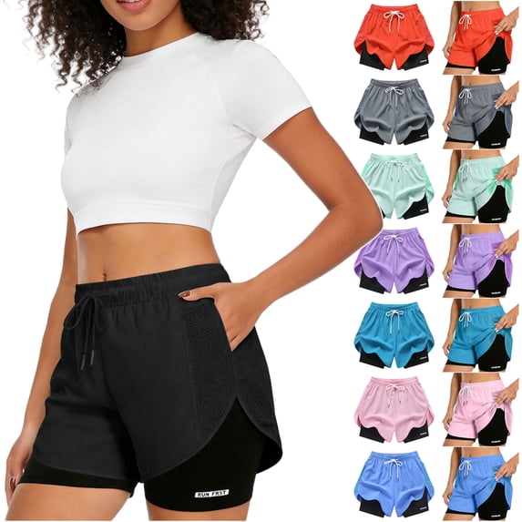 DDAPJ pyju Women's 2-in-1 Running Shorts with Liner High Waisted Workout Gym Shorts Quick Dry Athletic Shorts for Yoga Tennis Basketball Training Orange XS