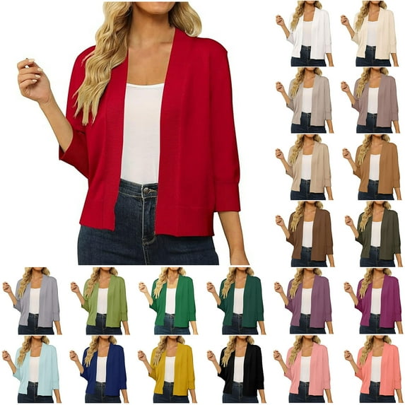 DDAPJ pyju Women's 3/4 Sleeve Cropped Cardigan Sweaters Basic Solid Open Front Bolero Short Shrugs Lightweight Knit Jacket Clearance Sale of Today Blue M
