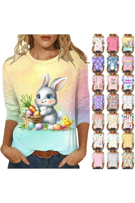 Women's 3/4 Sleeve Easter Shirts Funny Cute Bunny Print Crewneck T-shirt Three Quarter Length Blouse Tops on Sale Multicolor L