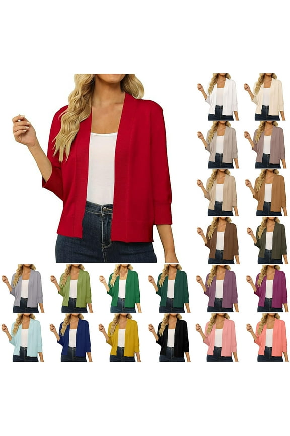 Women's 3/4 Sleeve Shrugs Lightweight Open Front Cropped Cardigan Soft Knitted Tops Dark Green L