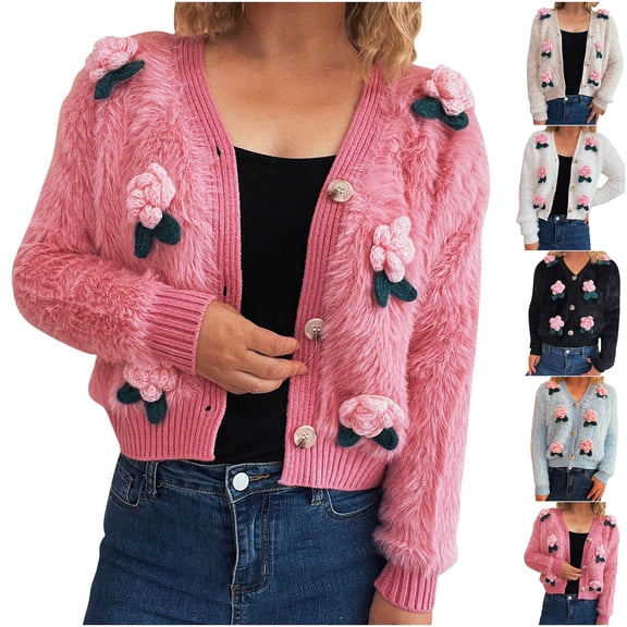 DDAPJ pyju Women's 3D Flowers Embroidered Sweater V-Neck Button Down Y2K Crochet Knit Cardigan Kawaii Cropped Cardigans Pink M