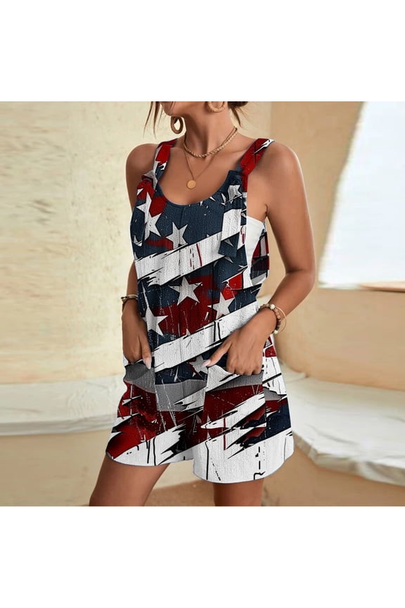 Women's 4th of July Jumpsuits Shorts Star Stripe Print Casual Loose Onesie Shorts Sleeveless Suspender Overalls Jumper Patriotic Rompers with Pockets White XXXL