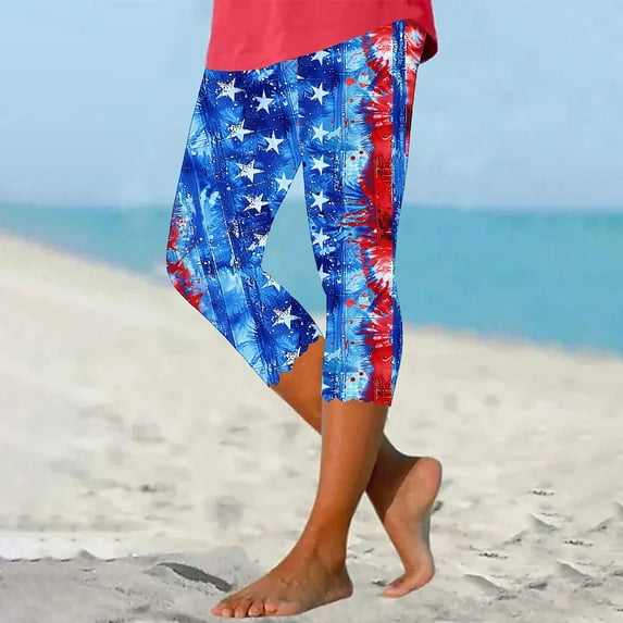 DDAPJ pyju Women's American Flag Capri Leggings USA 4th of July Patriotic Stars and Stripes High Waist Soft Stretchy Yoga Pants Lightning Sales of Today Blue M