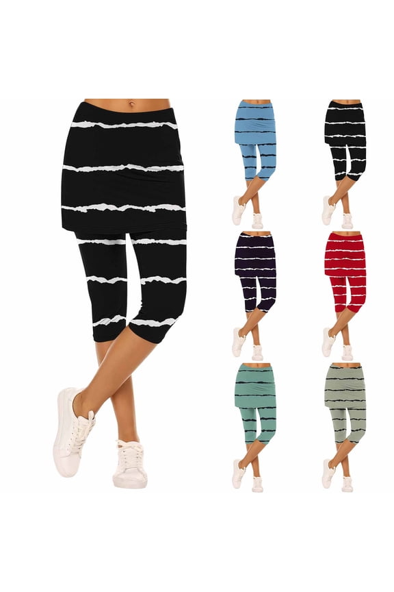 Women's Athletic Skirt with Leggings High Waisted Capri Leggings Striped Tennis Golf Pants Dark Blue L