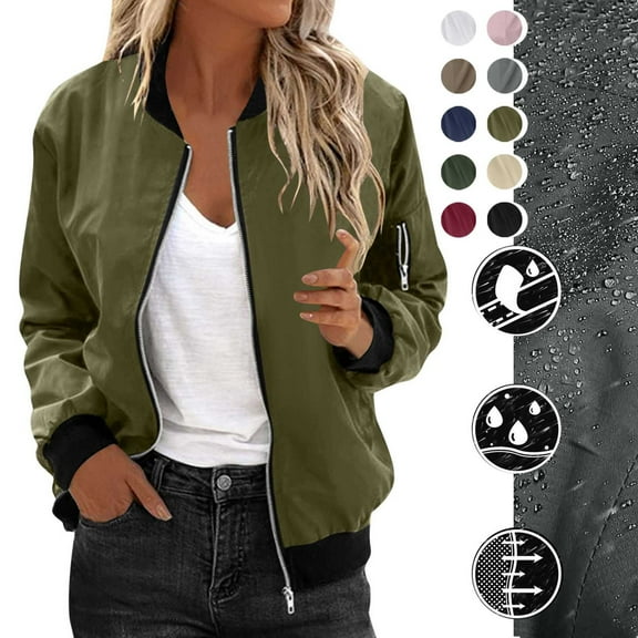 DDAPJ pyju Women's Bomber Jacket Zip Up Waterproof Windbreaker Outerwear Lightweight Fall Flight Jackets with Pockets Black M
