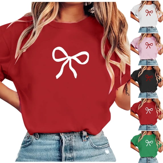 DDAPJ pyju Women's Bow Graphic Tee Shirts Crew Neck Short Sleeve T-shirt Valentine's Day Cute Tops Green XL