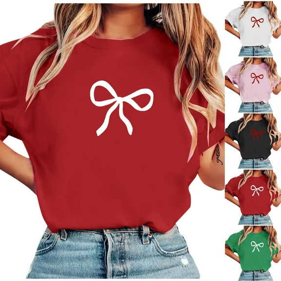 DDAPJ pyju Women's Bow Graphic Tee Shirts Crew Neck Short Sleeve T-shirt Valentine's Day Cute Tops Green XL