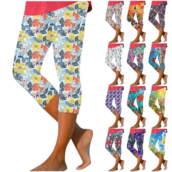 DDAPJ pyju Women's Capri Leggings Floral Print Capris Pants Summer Casual Cropped Yoga Pants Slim Fit Compression Pants 70% off Clearance Sale Multicolor S