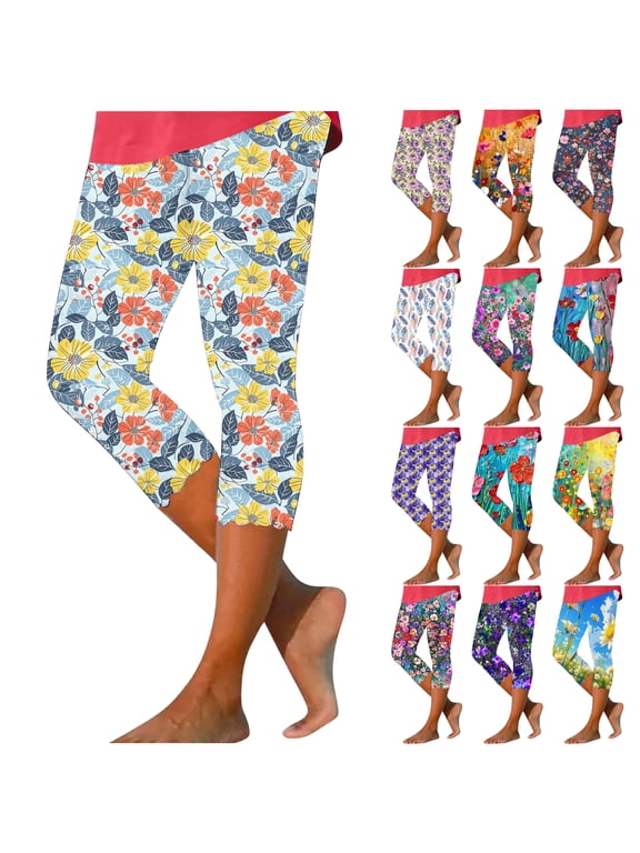 Women's Capri Leggings Floral Print Capris Pants Summer Casual Cropped Yoga Pants Slim Fit Compression Pants Prime Sales Today Multicolor L