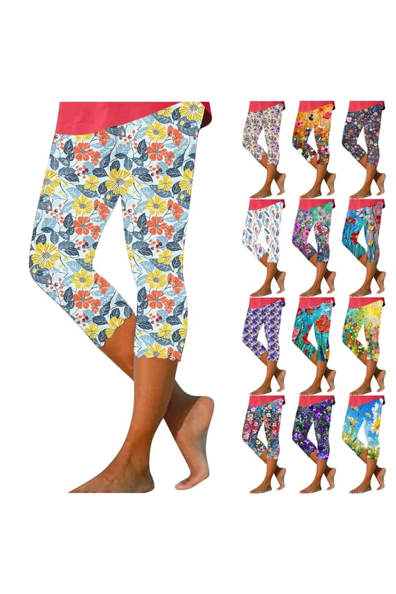 Women's Capri Leggings Floral Print Capris Pants Summer Casual Cropped Yoga Pants Slim Fit Compression Pants Prime Sales Today Multicolor L