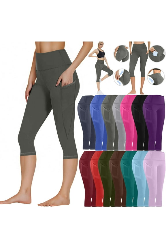 Women's Capri Yoga Pants with Pockets Essential High Waisted Legging for Workout Athletic Running Fitness Holiday Sales Blue XXL
