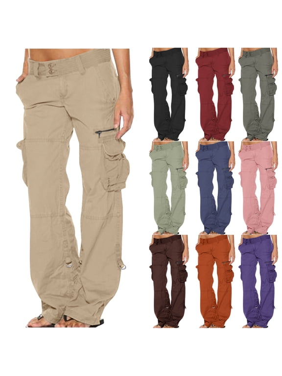 Women's Cargo Pants Fall ,Low Waist Work Casual Trousers Wide Straight Leg Y2K Fashion Pants with Multiple Pockets