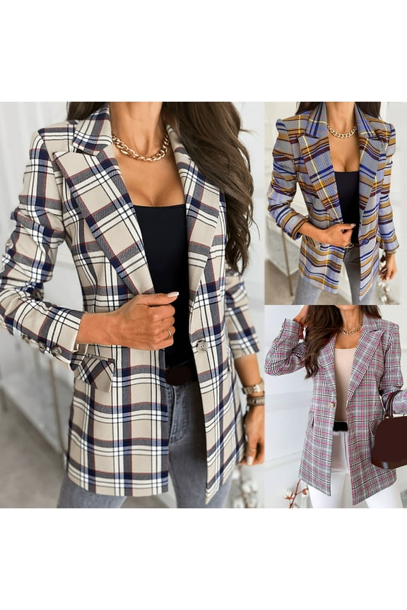 Women's Casual Business Plaid Blazer Notched Lapel One Button Open Front Long Sleeve Blazers Office Work Suit Jackets with Pockets Blue M
