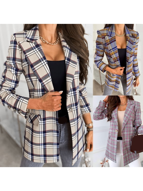 Women's Casual Business Plaid Blazer Notched Lapel One Button Open Front Long Sleeve Blazers Office Work Suit Jackets with Pockets Blue XL