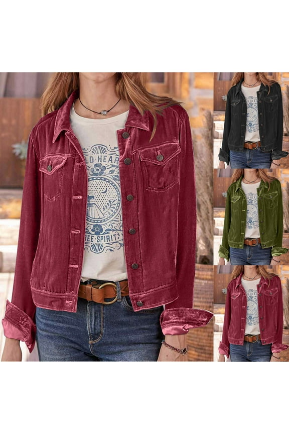 Women's Casual Button Down Velvet Jackets Blazer Suits Long Sleeve Retro Denim-Style Velour Jackets Lightweight Moto Jacket with Pockets Army Green S