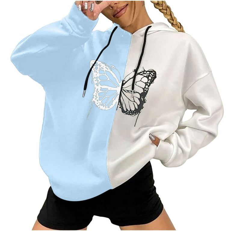DDAPJ pyju Women s Casual Hoodies 2023 Drawstring Long Sleeve Drop Shoulder Pullover Tops Loose Hooded Sweatshirt Color Block Butterfly Print Fashion Hoodie Girls Y2K Clothes Walmart