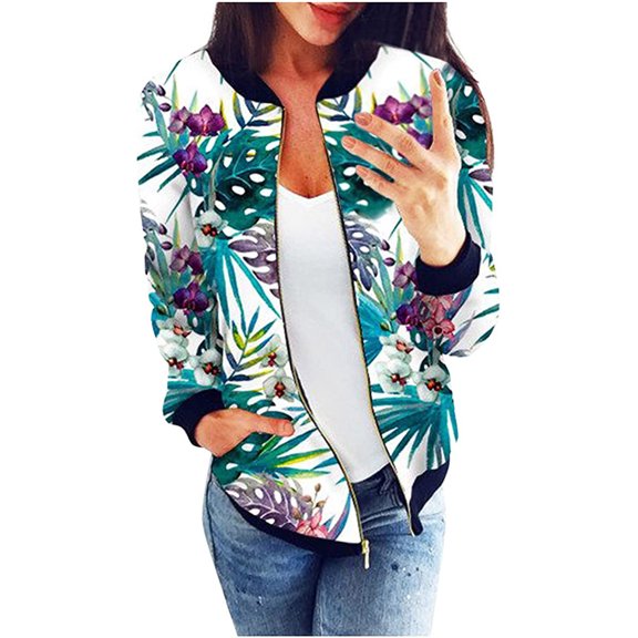 DDAPJ pyju Women's Casual Lightweight Floral Print Bomber Jacket,Fashion Long Sleeve Full Zip Shacket Stand Collar Moto Biker Jackets Spring Fall Varsity Baseball Jackets Windbreaker Outwear