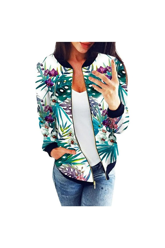 Women's Casual Lightweight Floral Print Bomber Jacket,Fashion Long Sleeve Full Zip Shacket Stand Collar Moto Biker Jackets Spring Fall Varsity Baseball Jackets Windbreaker Outwear