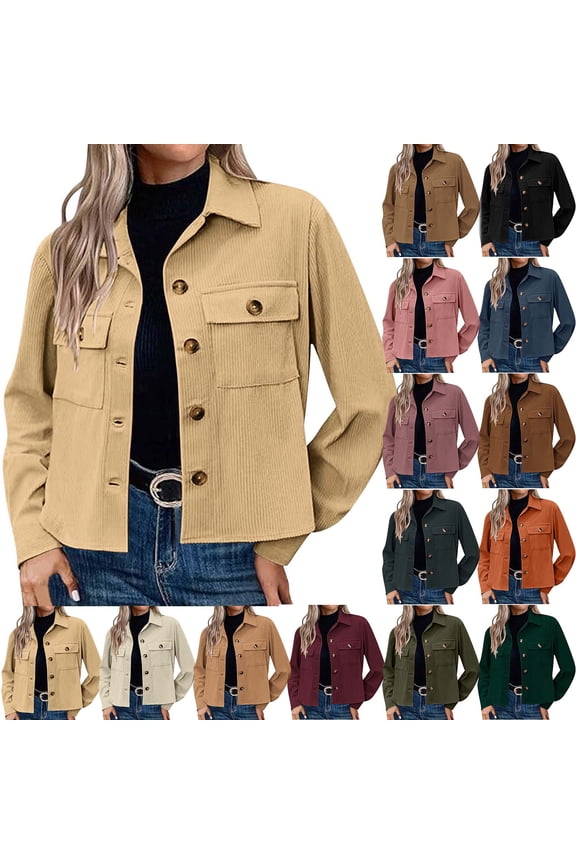 Women's Corduroy Cropped Jacket 2025 Winter Fall Lapel Button Down Casual Short Shacket Jackets Coats with Pockets Brown L