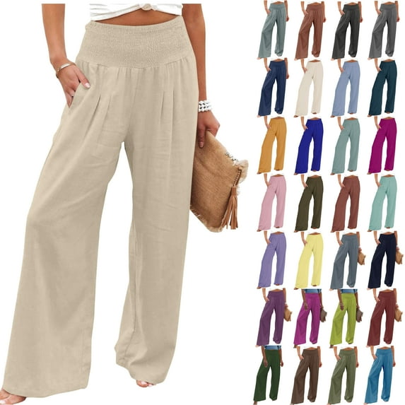 DDAPJ pyju Women's Cotton Linen Pants Summer Wide Leg Casual Loose Drawstring High Waist Palazzo Pants Trousers with Pockets Light Green XXL
