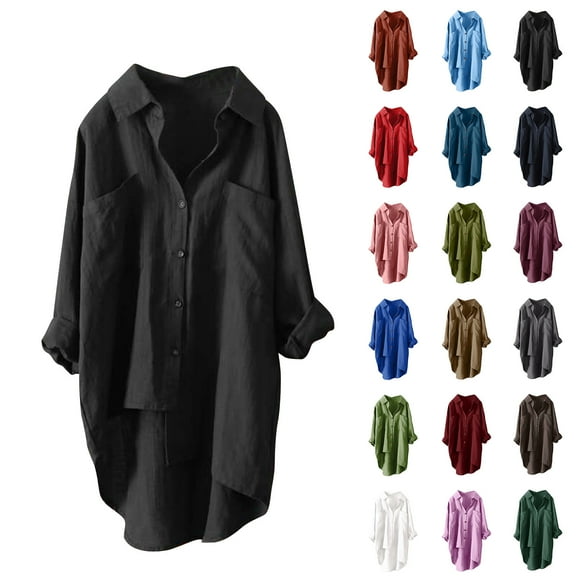 DDAPJ pyju Women's Cotton Linen Shirts Split Hem Long Sleeve Lapel Collared Blouse Casual Loose Fit Button Down Shirts with Pocket Daily Sales Mint Blue XXL