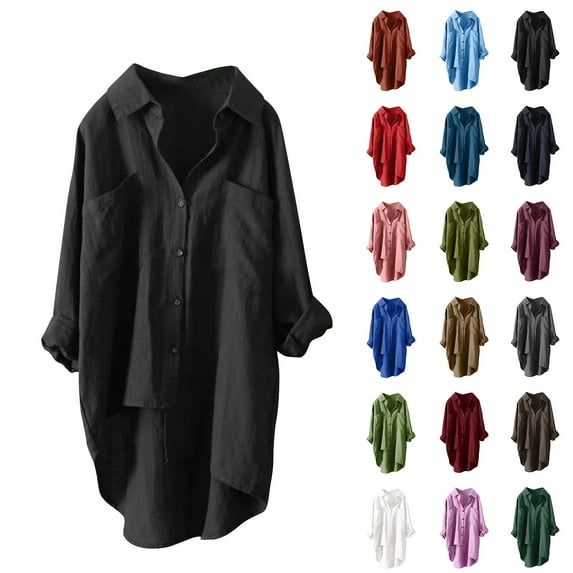 DDAPJ pyju Women's Cotton Linen Shirts Split Hem Long Sleeve Lapel Collared Blouse Casual Loose Fit Button Down Shirts with Pocket Prime Sales of The Day Black XXXXXL