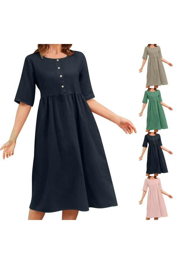Women's Cotton Linen Summer Dress Short Sleeve Button Up Midi Dresses Flowy Casual Tiered Dress Loose Shift Dresses Prime Sale Gray XXL