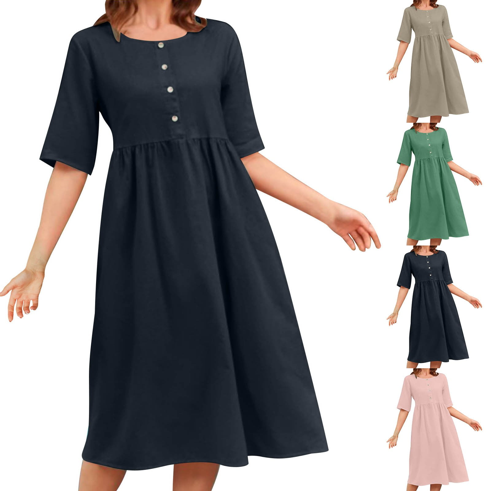DDAPJ pyju Women's Cotton Linen Summer Dress Short Sleeve Button Up ...