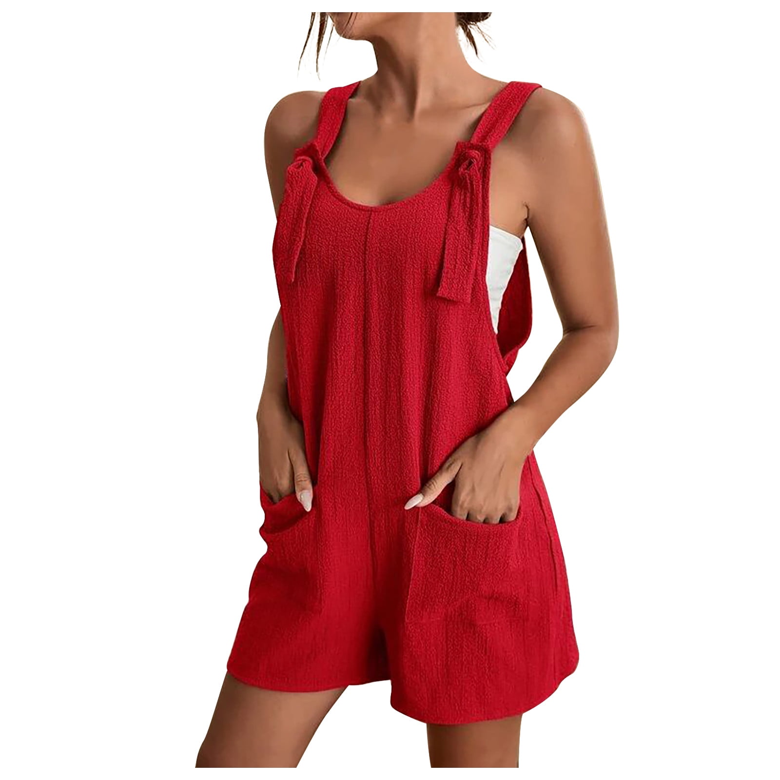 DDAPJ pyju Women's Cotton and Linen Solid Knot Strap Button Lined Pocket  Romper Casual Sleeveless Shorts Jumpsuit 