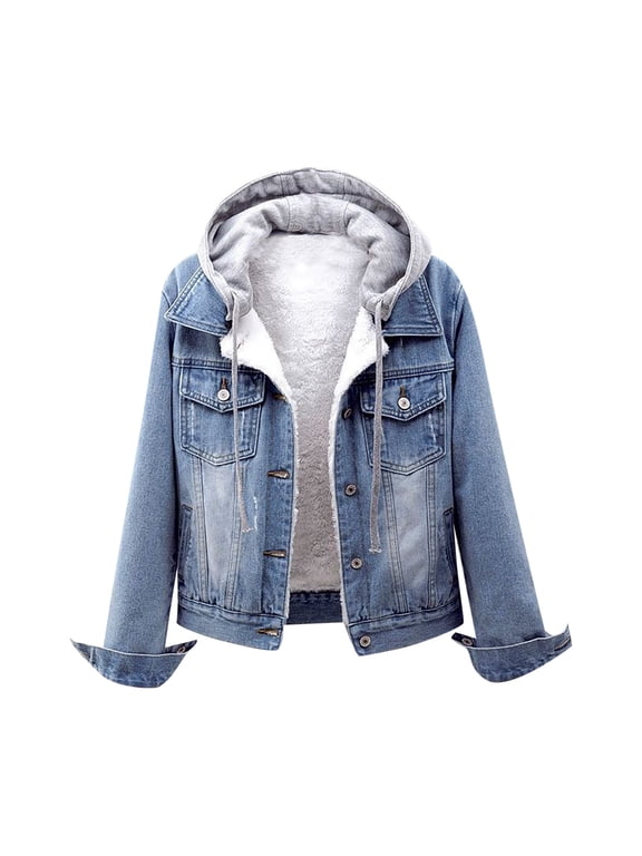 Women's Cropped Denim Jackets ,Button Down Quilted Fleece Jacket Sherpa Lined Hooded Coat Distressed Jean Jacket Vintage Streetwear